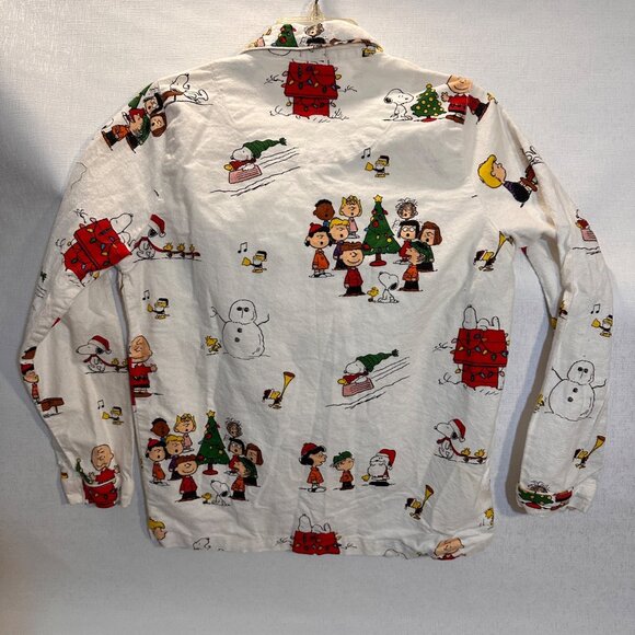 Peanuts Holiday-Themed Pajama Set Button-Up Shirt Pants White Cotton Medium Flan - Picture 5 of 16